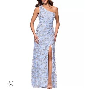 Xscape One-Shoulder Light Blue Floral Dress